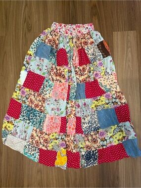 Vintage Jackpot Boho Patchwork Maxi Skirt with Red Accents